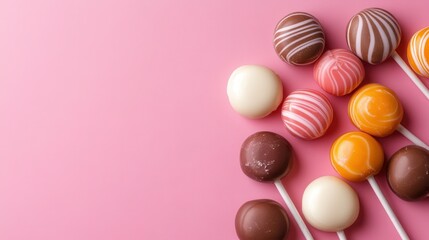 Delightful assortment of colorful cake pops arranged on a soft pink background, perfect for weddings or celebrations, adding a sweet and festive touch to any occasion.