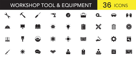 Workshop Tools Silhouette Icon Set &ndash; Flat Equipment Vector for Construction, Repair, DIY