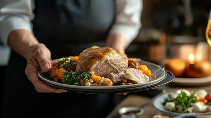 Indulge in a mouthwatering gourmet roast dinner served elegantly on a plate, featuring tender meat and fresh vegetables, perfect for a celebratory meal or family gathering.