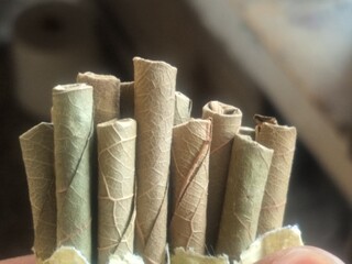 Collection of bidi or beedi. Indian desi cigarette or smoke background. Indian famous product of smoking. close up, side view and ariel view.