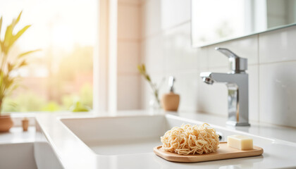 Freshly prepared pasta on wooden board by modern kitchen sink  