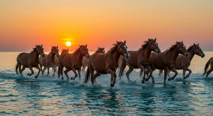 Horses running through water at sunset creating a beautiful and dynamic scenic view of nature