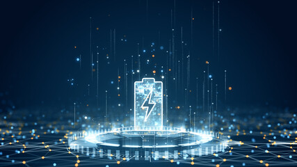 Futuristic glowing battery icon in a digital network background