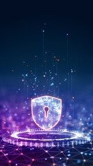 Vertical glowing cybersecurity shield with digital data particles