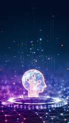 Vertical glowing digital human head with tech circuits in futuristic style