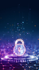 Vertical glowing security key icon in a cyber tech network