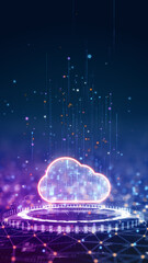 Vertical glowing cloud computing icon in a futuristic tech grid