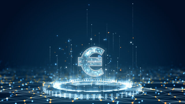 Glowing euro currency symbol in a digital futuristic tech background