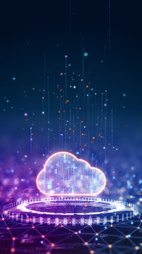 Vertical glowing cloud computing icon in a futuristic tech grid
