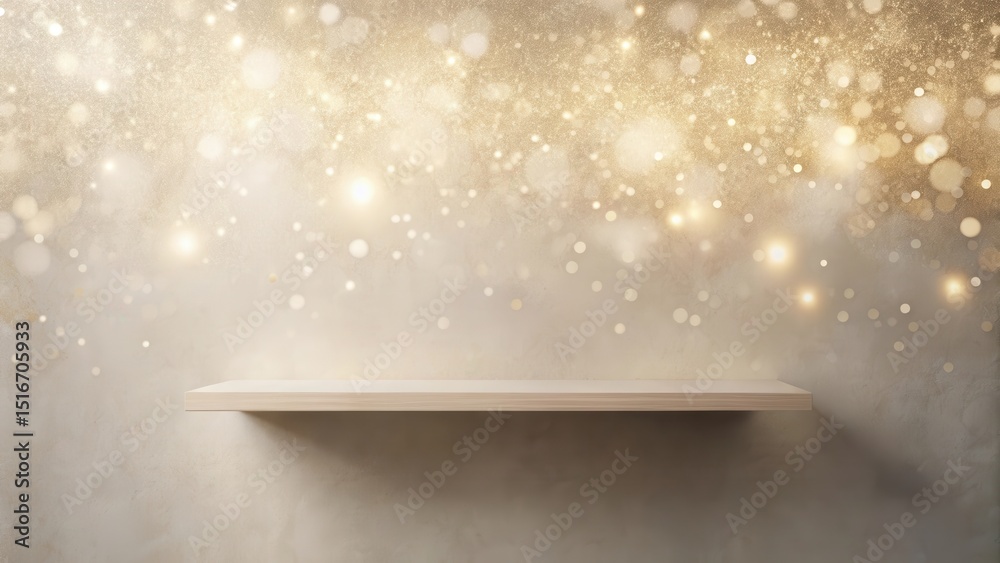 Poster empty wooden shelf against a shimmering gold background perfect for product display and festive pres