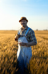 Confident farmer standing in wheat field at sunset.. looking at camera.