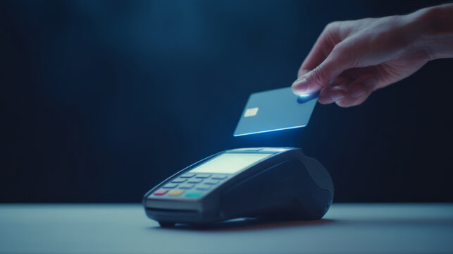 glowing contactless card being held above POS device, minimal tech background