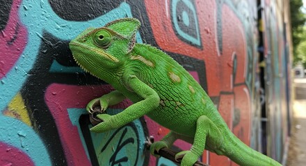 Green chameleon perched on a branch against a colorful graffiti wall in an outdoor setting during daytime