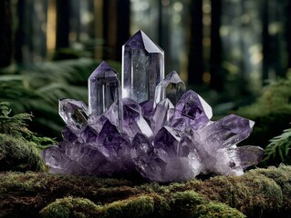 Amethyst stone in the forest, natural cluster on the moss