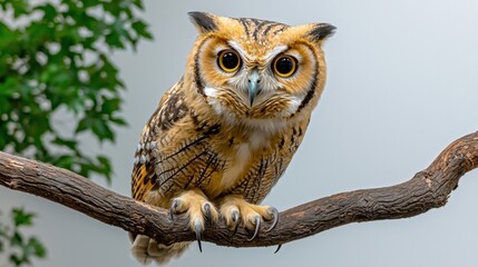 Obraz premium the owl in the photo has large, round eyes with a piercing gaze, fluffy feathers covering its body, and sharp talons perched gracefully on a tree branch