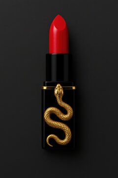 Batom vermelho em estojo preto com uma cobra sobre um fundo de concreto preto, est&eacute;tico, luxuoso. Foto gerada por IA