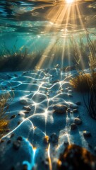 Naklejka premium Underwater scene with sunlight rays illuminating sandy seabed, rocks, and aquatic plants in clear turquoise water