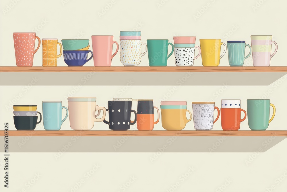 Aufkleber Colorful Kitchen Shelf Showcasing an Array of Cups and Mugs in a Minimalistic Layout