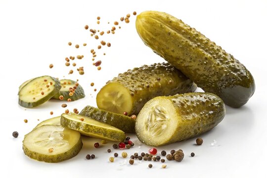 Whole and sliced pickled gherkins, falling marinated cucumbers isolated on white background