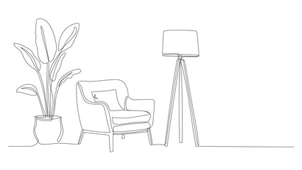 Continuous line drawing of a cozy living room with armchair, lamp and plant. Modern loft interior in minimalist linear style. Editable vector illustration.
