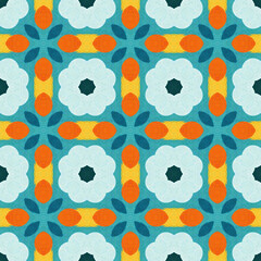 Stylish mid-century inspired floral pattern in blue and orange. A versatile background for modern decor, fashion, and digital art. 3600x3600 px high quality JPG background
