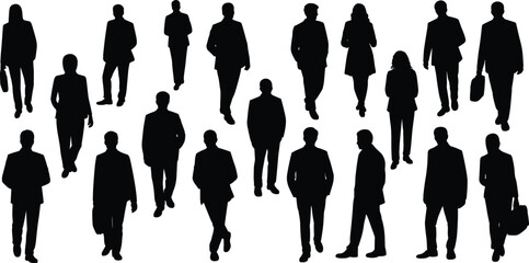 Business silhouettes of professionals walking, men and women in suits, isolated black vector illustration for office, corporate, career, and teamwork themes