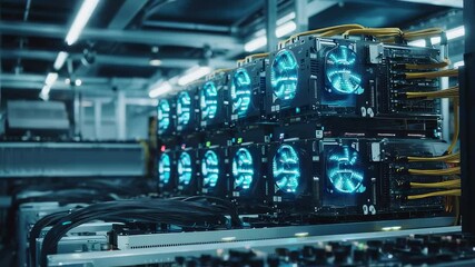 Advanced data center with rows of high-tech servers and glowing blue cooling fans, powerful computing infrastructure
 - Powered by Adobe