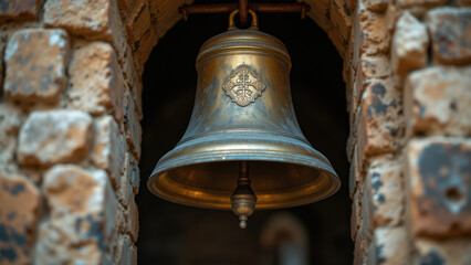 Obraz premium Large bronze bell hanging from a stone archway.