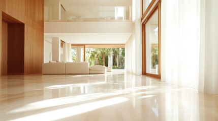 An elegant, minimalistic living room featuring large windows that allow abundant natural light, creating a spacious and inviting atmosphere for relaxation and comfort.
