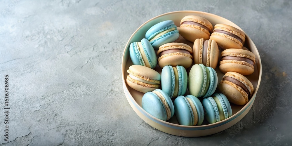 Poster a delightful assortment of pastel-colored macarons, meticulously arranged in a shallow bowl, present