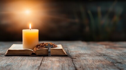 A serene arrangement of a lit candle and a rosary resting on an ancient open Bible, symbolizing spirituality, faith, and reflection in a tranquil setting.