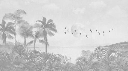 Dramatic Monochrome Wall Mural: Black & White Palms, Ocean & Flying Birds © csinie1