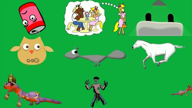 image can soda green background cartoon character white couch sitting front wall owl squirrel running screen horse dinosaur two horses at table talking each other penguins are standing it.