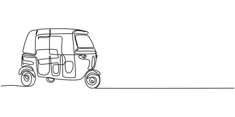 Continuous one line drawing of asian three-wheeled motor vehicle. Auto rikshaw outline illustration. Editable vector, Single continuous line drawing rickshaw traditional transportation in India which.