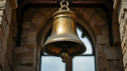 Fototapeta premium A large golden bell hanging from a brick ceiling inside an old church.