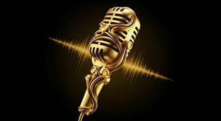  A textured abstract painting of a golden microphone standing in a black background. Symbolic of performance, voice, and musical presence.