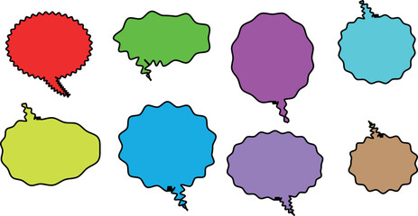 Fototapeta premium Colorful Comic-Style Speech Bubble and Message Box Set: Hand-Drawn Doodle Frames, Dialog Balloons, and Thinking Clouds in Japanese Pop Art Design