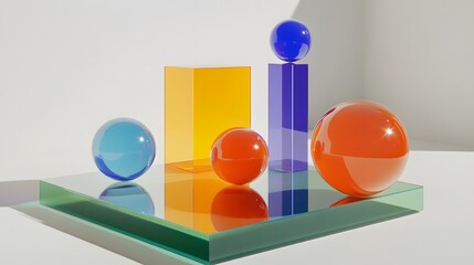 Colorful geometric shapes on a glass platform.