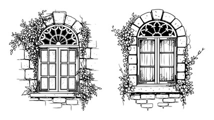 vintage arched windows with creeping vines
