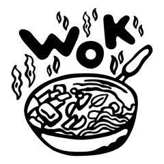 Vector black and white illustration of oriental wok pan, with stir-fried vegetables, on white isolated background
