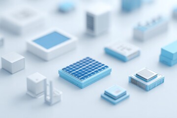 minimalistic close-up of sustainable technology components with clean design and abundant copy space for text