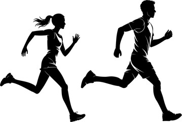 Silhouettes of Man and Woman Running – Athletic Couple in Motion for Fitness, Sports Training, Jogging, and Healthy Lifestyle Design