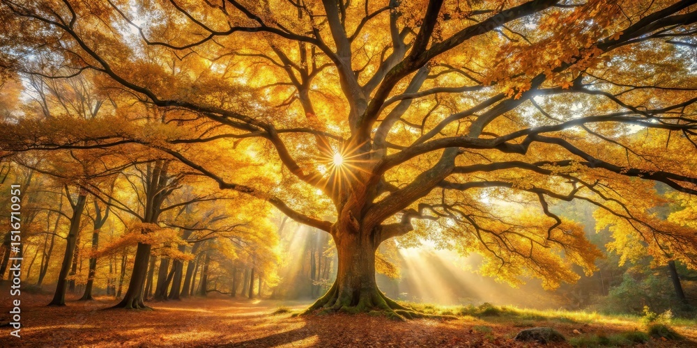 Poster golden autumn sunlight filtering through majestic canopy of a large tree in a forest