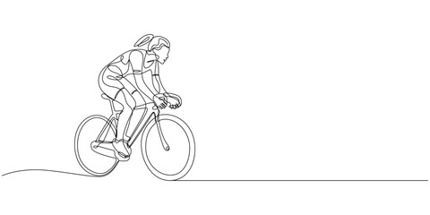 Young female cyclist in action, One continuous line drawing young sporty woman bicycle racer pedaling her bike so fast. Road cyclist concept. Dynamic single line draw design vector illustration