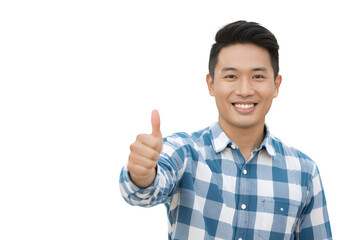Man in plaid shirt giving thumbs up gesture with a smiling expression on transparent background