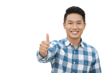 Man in plaid shirt giving thumbs up gesture with a smiling expression on transparent background