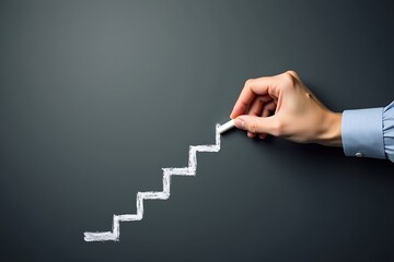 Steps to succeed in business. Businessman drawing steps on chalkboard.