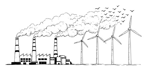 factory and wind turbines environmental contrast © Kaz