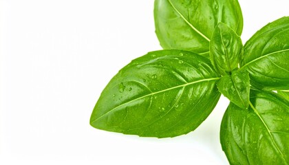 Obraz premium Fresh green basil leaves with fine water droplets isolated on white background, aromatic herb, Italian cooking, healthy garnish, copy space