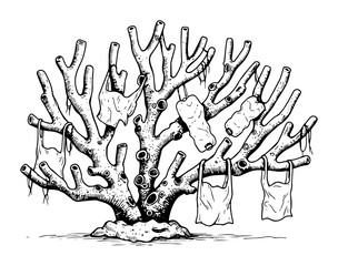coral reef polluted with plastic waste illustration